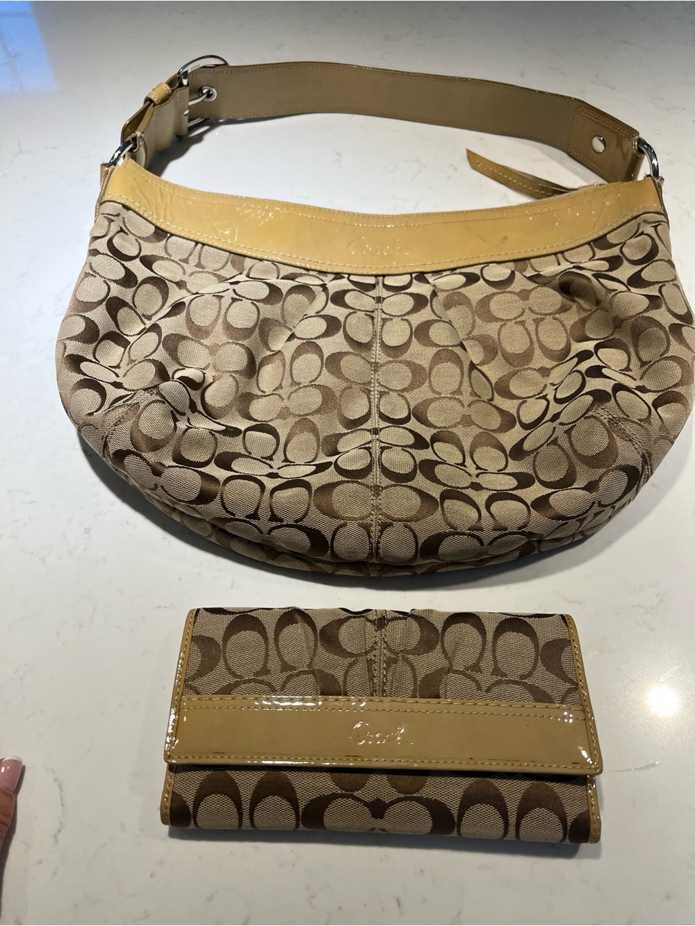Coach Beige Signature Canvas Hobo with Tan Patent Trim and matching wallet